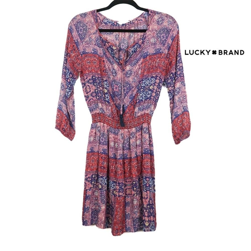 Lucky Brand Womens Mini‎ Dress S Pink Red Boho Paisley Western Cowgirl Prairie